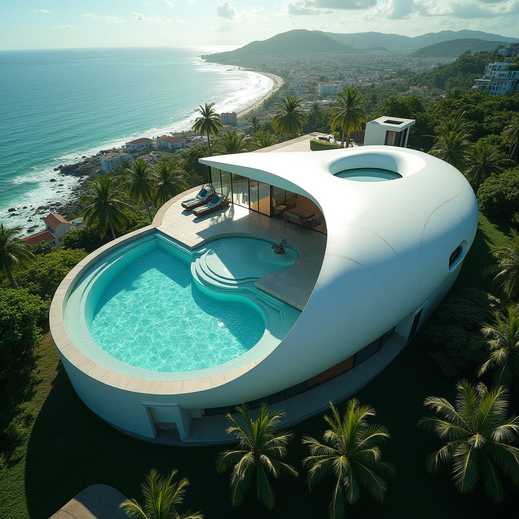 A majestic, modern, 4-storey "Eye Home" situated in  Jamaica, with a stunning swimming pool at its centre, evoking the iris of an eye, overlooking the breathtaking Caribbean coastline. Shot from a bird's-eye perspective, the eye-shaped house appears as a sleek, futuristic oasis amidst the vibrant cityscape. The property's sleek, curved lines and reflective surfaces glimmer in the sunlight, while the turquoise pool shimmers like a tropical gem. The city's lush greenery and turquoise waters blend harmoniously in the background. 