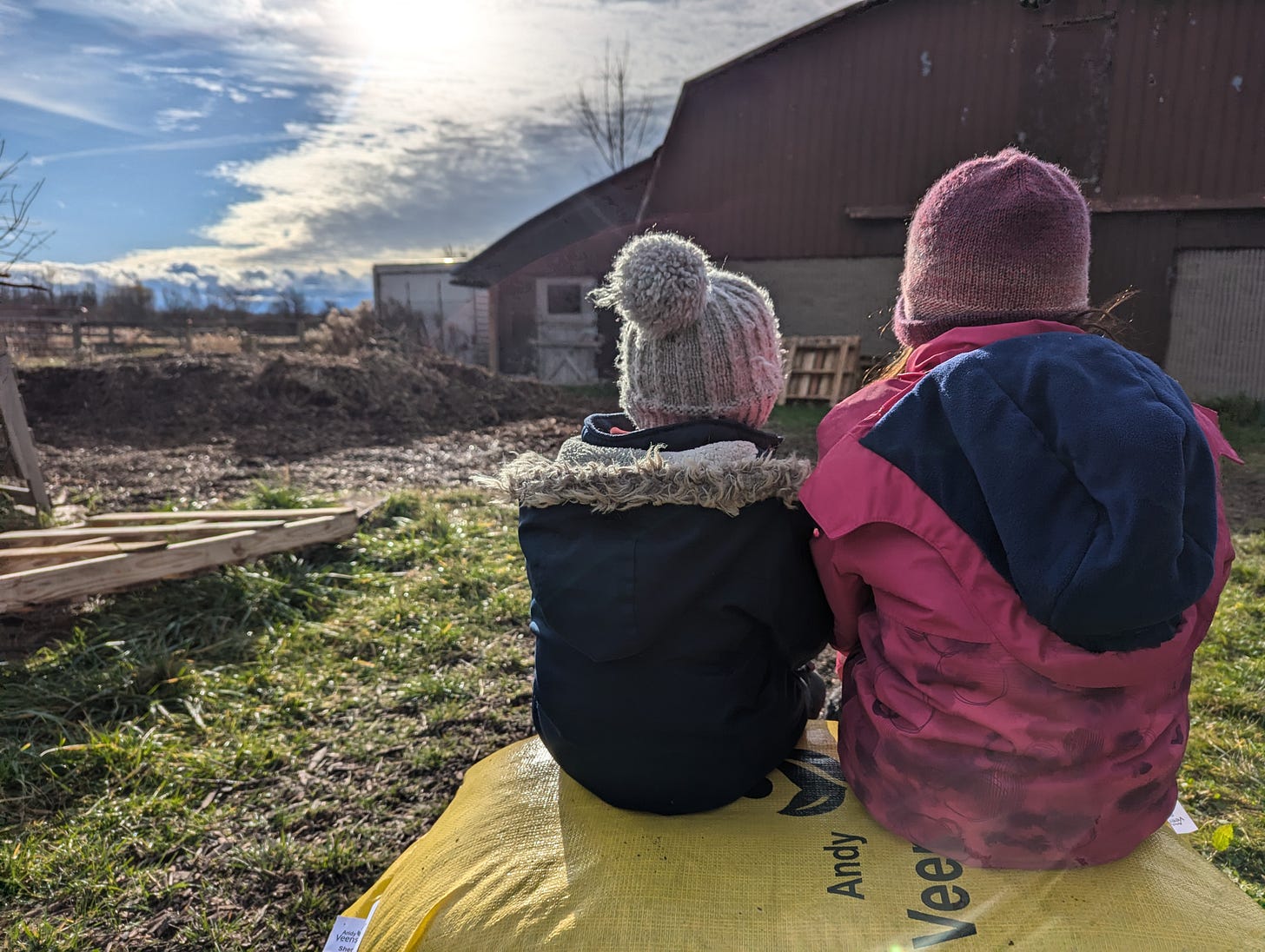 Two kids sitting on a bag looking away
