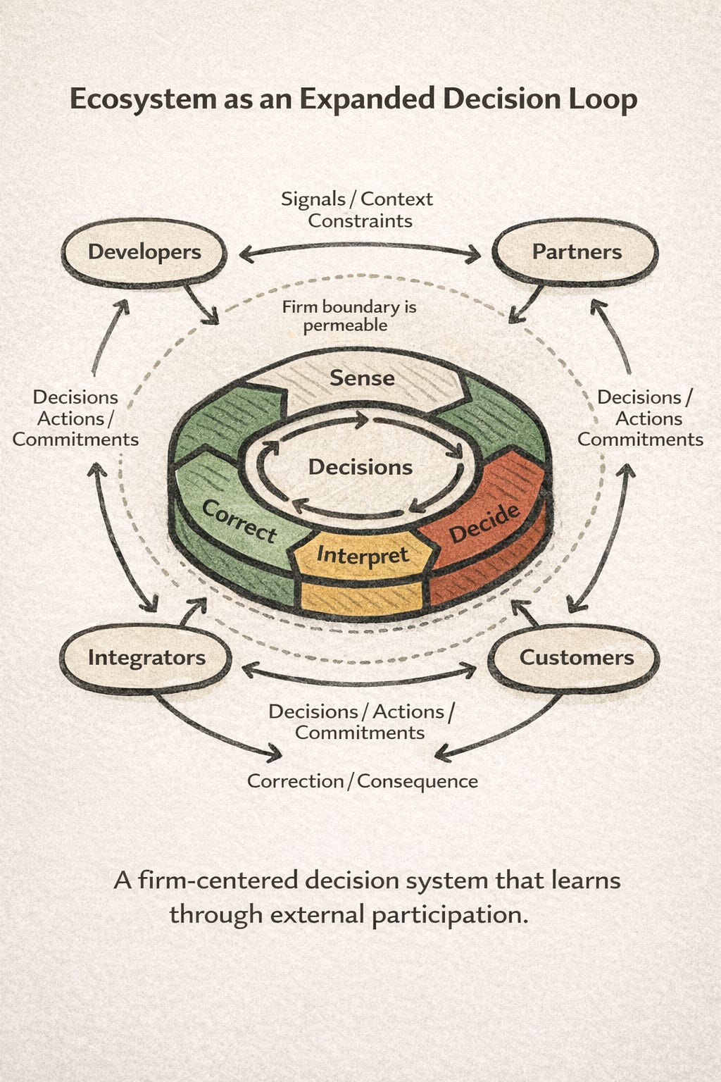 Diagram showing an ecosystem as an expanded decision loop, where a firm’s sensing, interpretation, decision, execution, and correction processes learn through external participants like partners, customers, and developers.