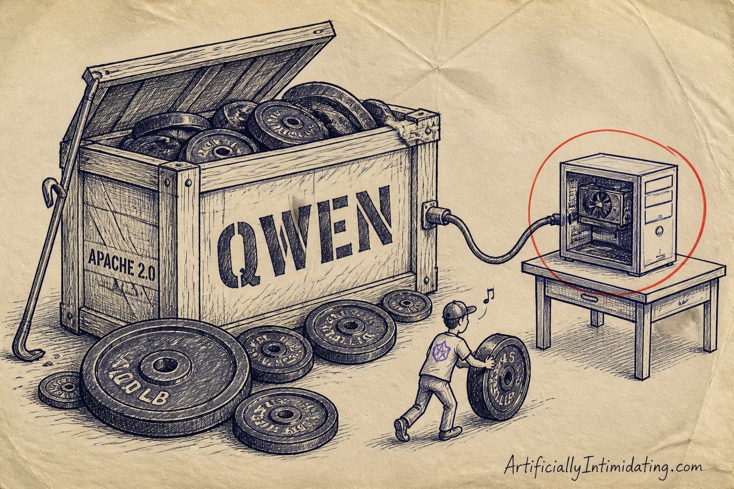 Pen-and-ink editorial cartoon: an enormous wooden shipping crate stencilled QWEN and APACHE 2.0 has been pried open with a crowbar, spilling heavy iron gym weight plates across the floor. A cable runs from the crate to a single ordinary desktop PC on a small table, circled in red, while a cheerful worker wheels one plate toward it.