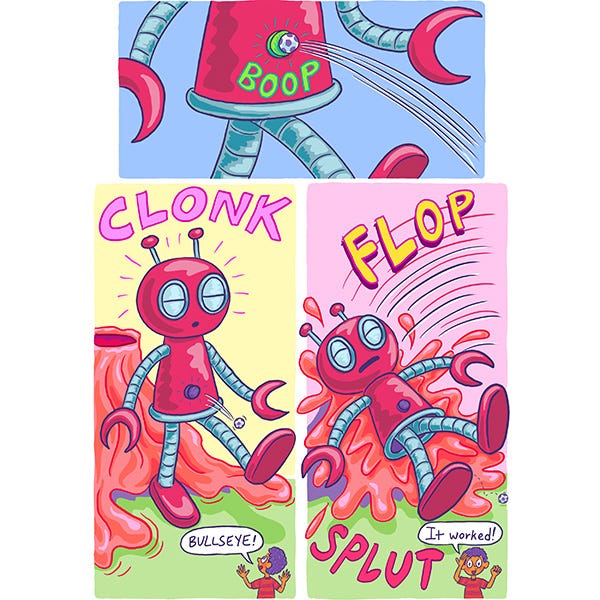 The soccer ball hits the button on the giant robot. Boop! The Robot shuts down and falls backward. Clonk! The robot flops back into the lava flow.