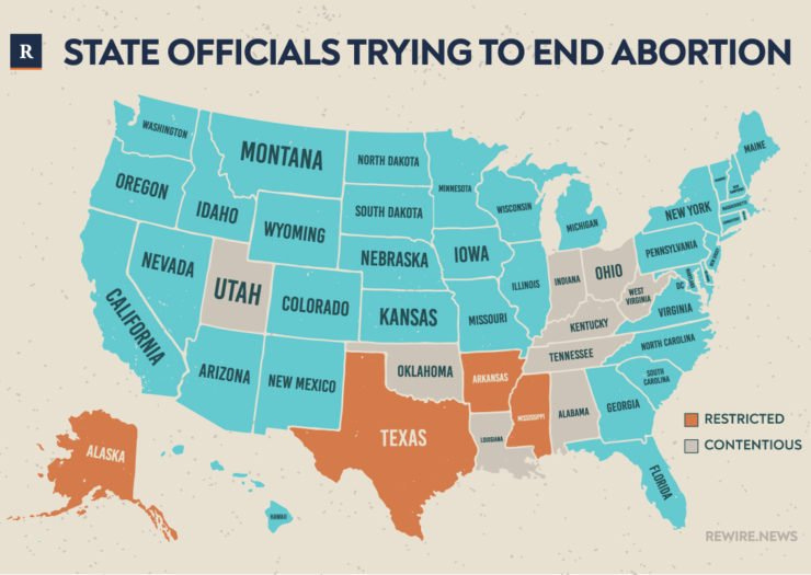 [Photo: An illustrated map showing states where state officials are trying to end abortion.]