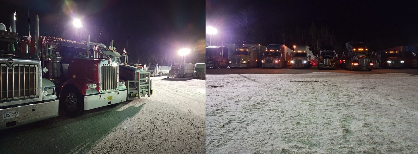Parked trucks for Freedom Convoy 2022, Eastern Route. Photo by Mark Tholen.
