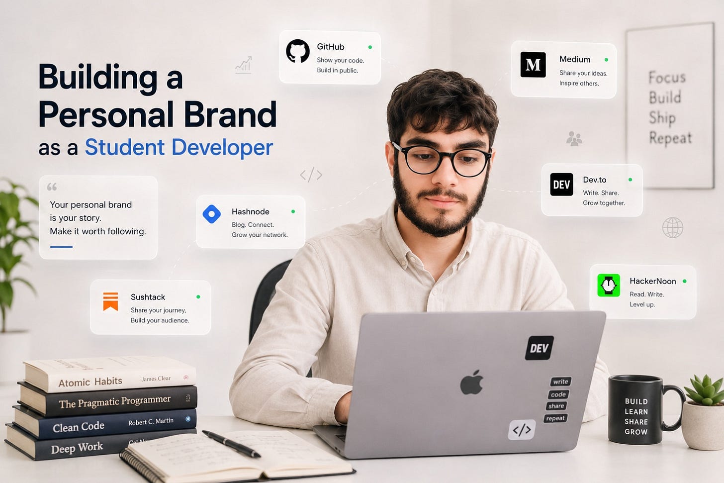 Safiullah Korai building a personal brand as a student developer while working on a laptop in a modern workspace, surrounded by coding books and digital platform icons including GitHub, Medium, Hashnode, Dev.to, Substack, and HackerNoon, representing technical writing, public learning, and developer growth.