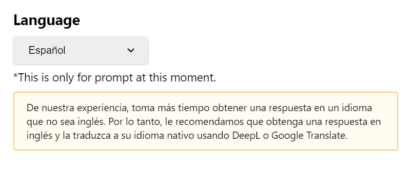 Request, in Spanish, to use the English language default and then translate content using another tool. Request, in Spanish, to use the English language default and then translate content using another tool.