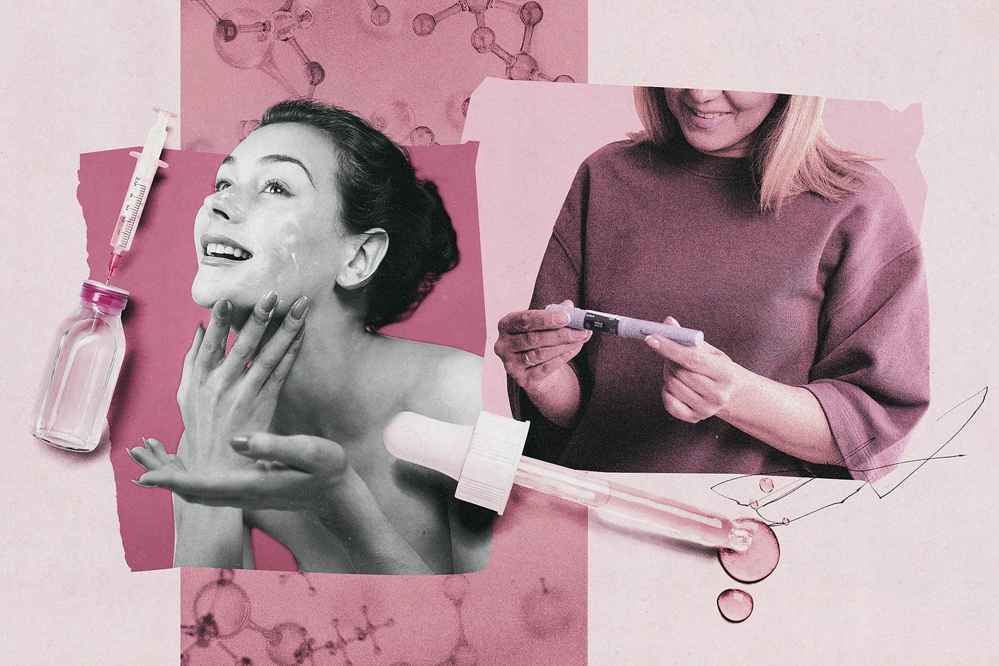 composite image shows a vial and syringe, a woman putting something on her face, a dropper, and a woman looking at a tube of prescription medication
