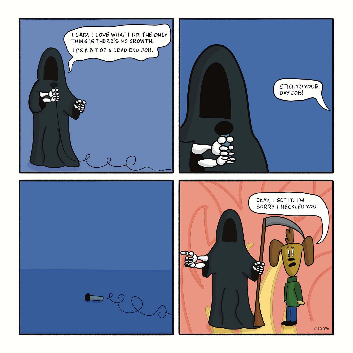Thanks 4 Listening comic strip #2: Death is telling a stand-up joke and gets heckled by an audience member. Death then takes him to the underworld.