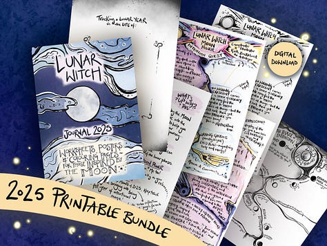 Illustrations, colouring pages and journal templates from the Moon Witch Journal 2025