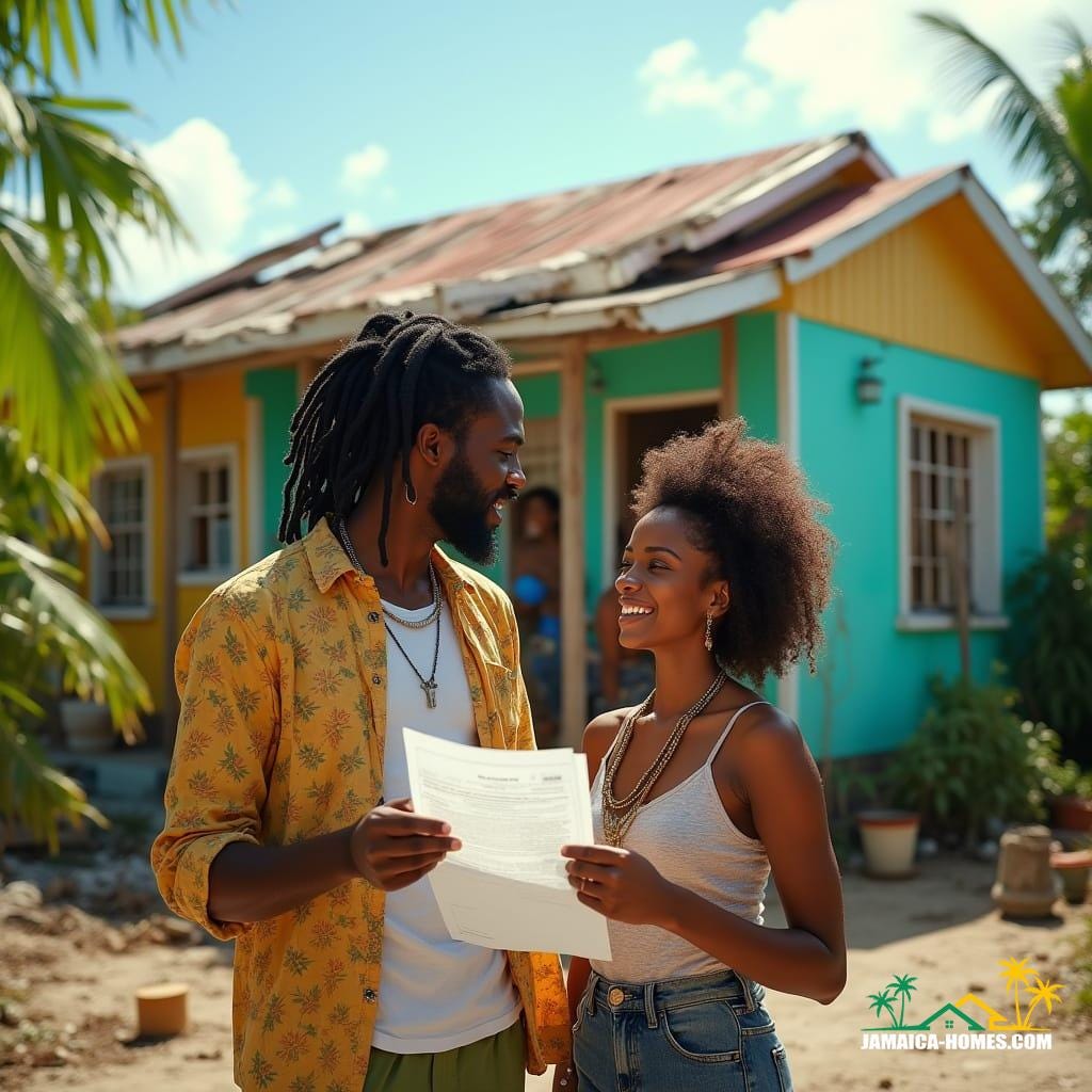 A stunning couple, with the man's Rastafarian dreadlocks and stylish outfit complemented by the woman's curly hair and radiant smile, standing together in front of their vibrant, partially damaged Caribbean-style home in Jamaica, surrounded by lush tropical plants and filled with warm sunlight and blue skies. The man holds construction plans, while the woman speaks with an insurance agent, as workers in the background repair the house, capturing a sense of resilience and renewal. Inspired by the cinematic styles of Gordon Parks, Corentin Carnaval, and Nadav Kander, with a focus on vibrant, realistic, high-definition photography, evoking the warmth and texture of 35mm film, with a subtle film grain, vignette, and cinematic lighting, color graded to perfection, post-processed to enhance the atmospheric, epic, and dramatic qualities of the scene, as if shot on a v-raptor XL camera, resulting in a breathtaking, live-action masterpiece.