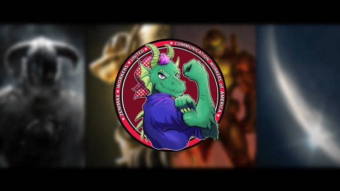 ZeniMax Workers United logo superimposed on top of images from various ZeniMax Studios games, including Doom and Starfield.