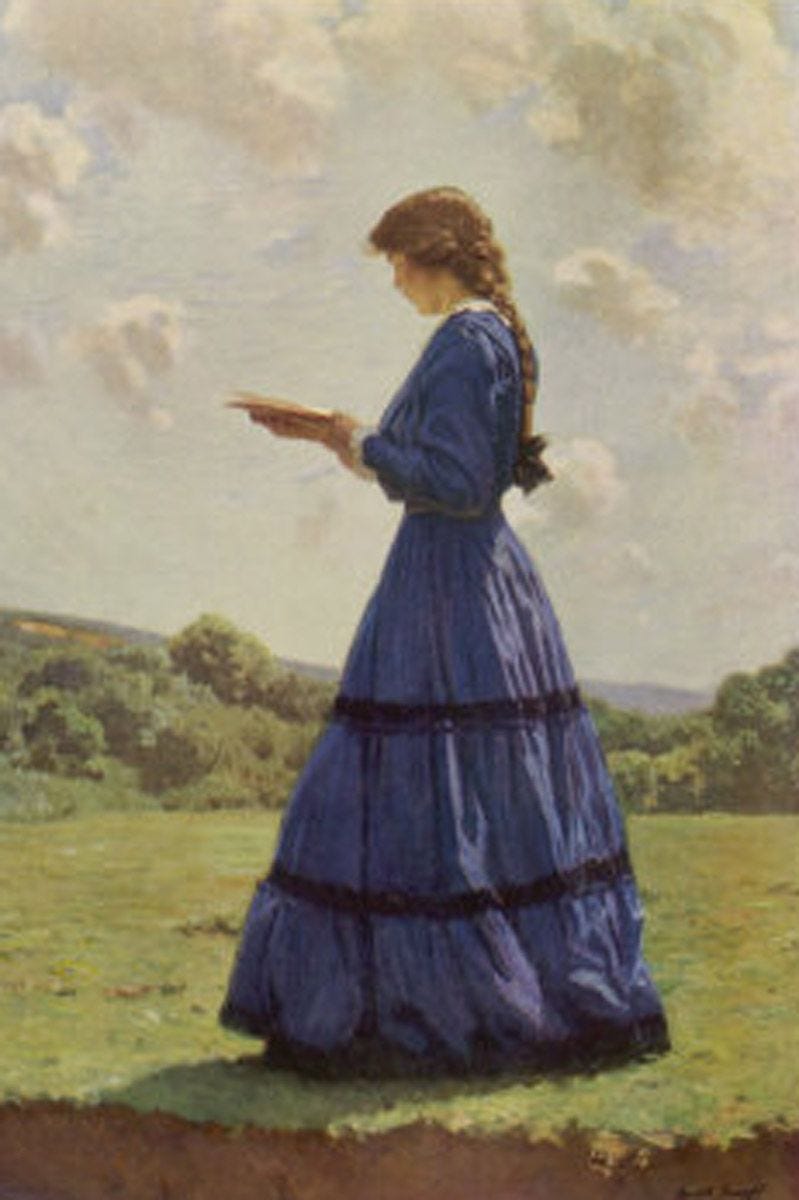 Painting of a woman standing in a field with a book. 