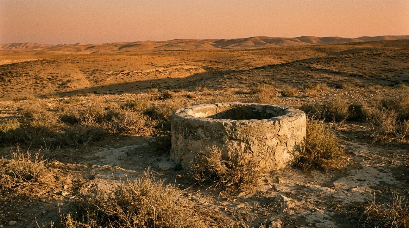 A dry field at the edge of the Negev desert at dusk, a stone well rim in the foreground and long shadows across scrub and low hills, no people, no faces, no text A dry field at the edge of the Negev desert at dusk, a stone well rim in the foreground and long shadows across scrub and low hills, no people, no faces, no text