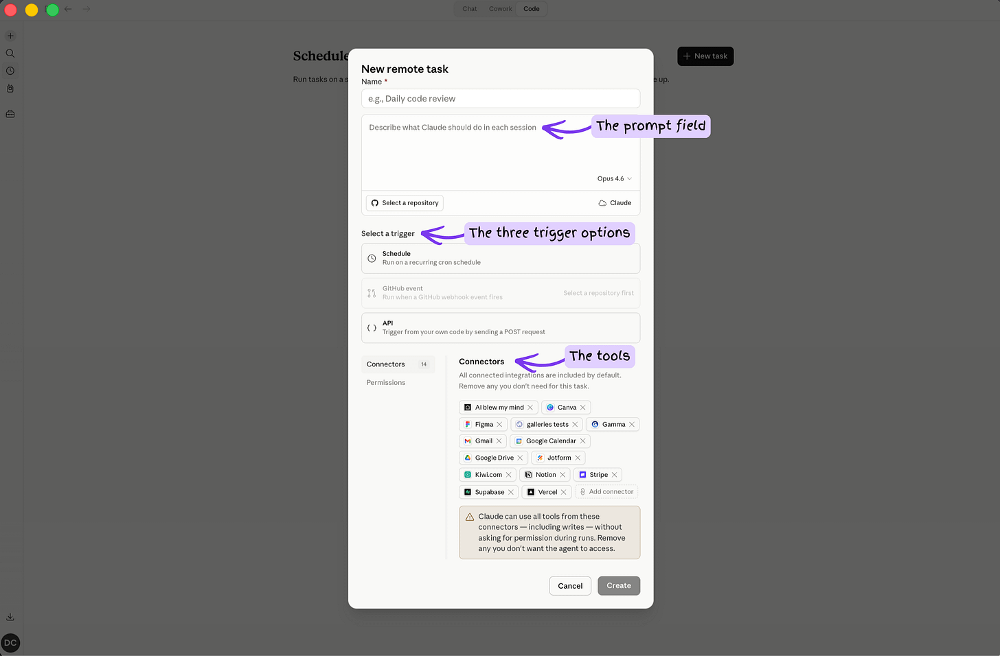 Claude Code new remote task setup form showing the prompt field, three trigger options (Schedule, GitHub event, API), and 14 connected integrations including AI Blew My Mind, Gmail, Notion, Google Drive, and Stripe