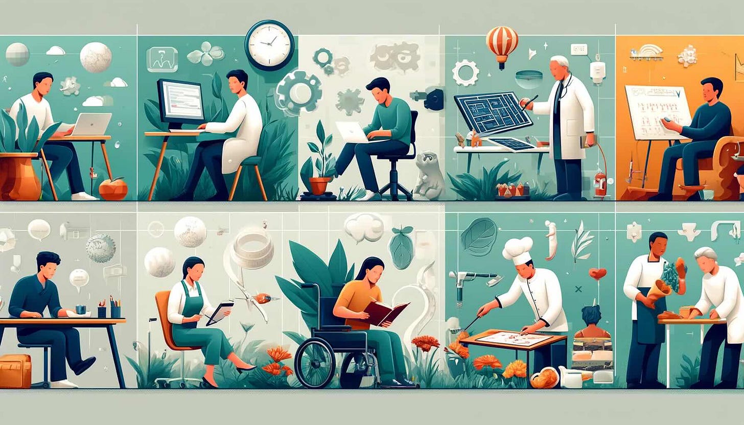 The image features diverse individuals engaged in creative crafts across different professions, representing creativity as a universal aspect of human nature.