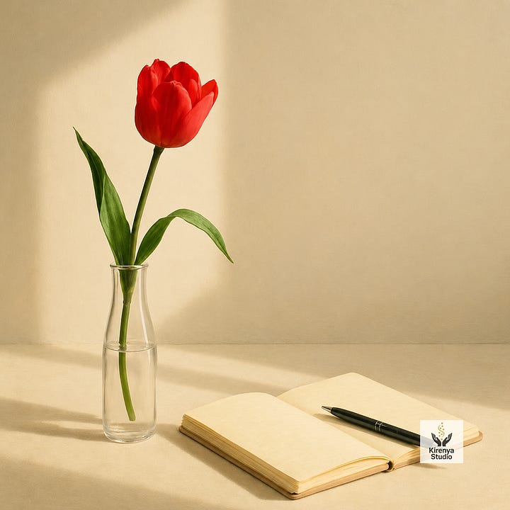 Four sunlit still-life images shown in order: a yellow tulip, a white tulip, a red tulip, and a violet tulip, each in a clear glass vase beside an open notebook and pen on a warm beige surface.