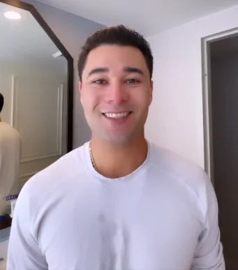 Isaiah Kiner Falefa freshly shaven in a white teeshirt, and then recently in Toronto with glorious hair and beard.