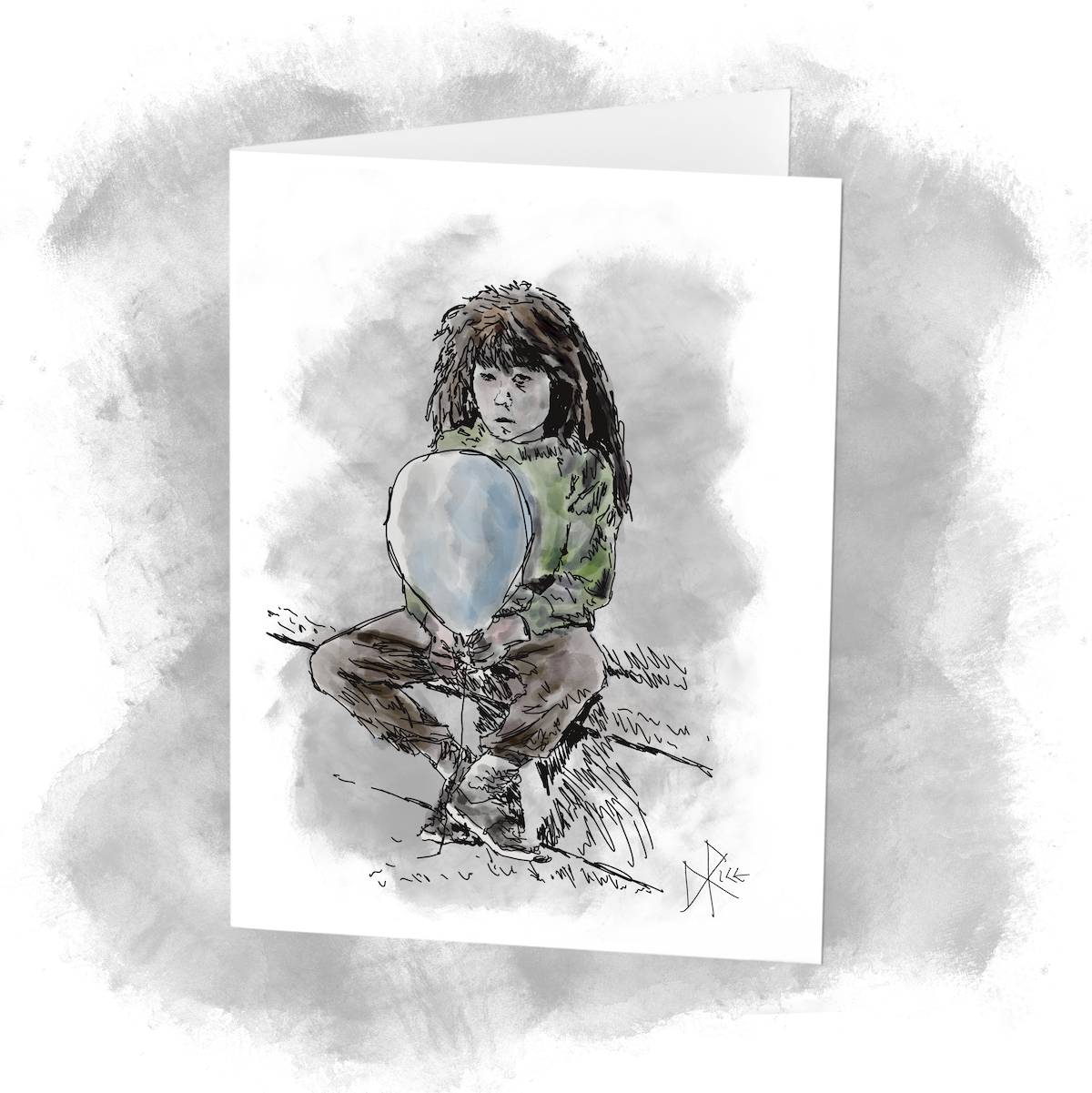 A messy-haired, seated girl holding a blue balloon. Sketch art by Don Rice.