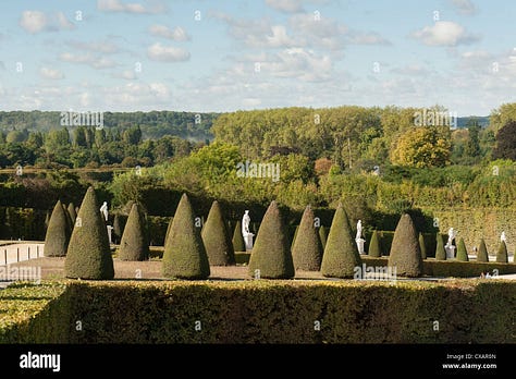 Various examples of topiary design, from ancient Rome to suburban California.