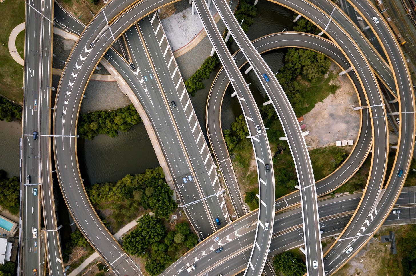 Aerial photo of complicated highway overpasses.
