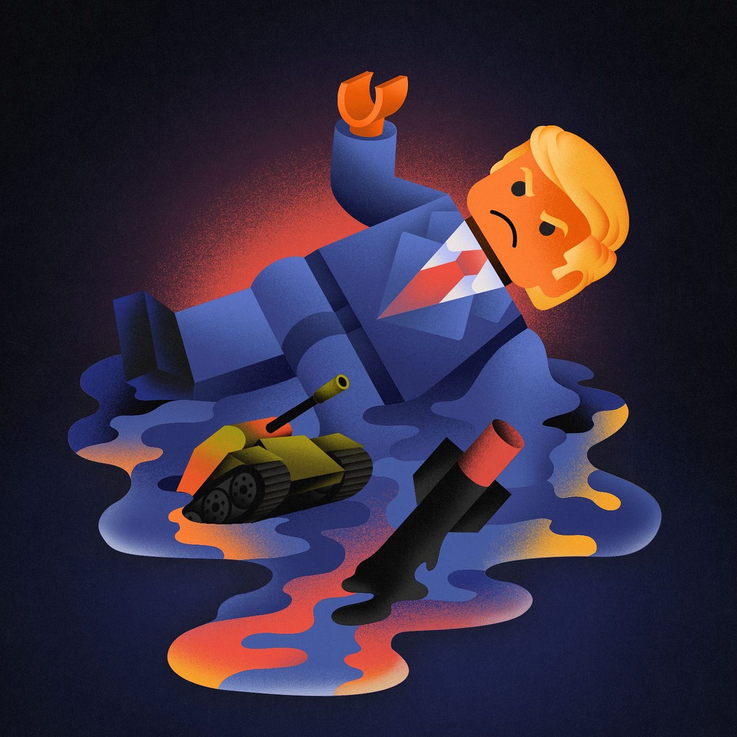 An illustration of LEGO versions of President Donald Trump a missile and a tank sinking into a puddle.
