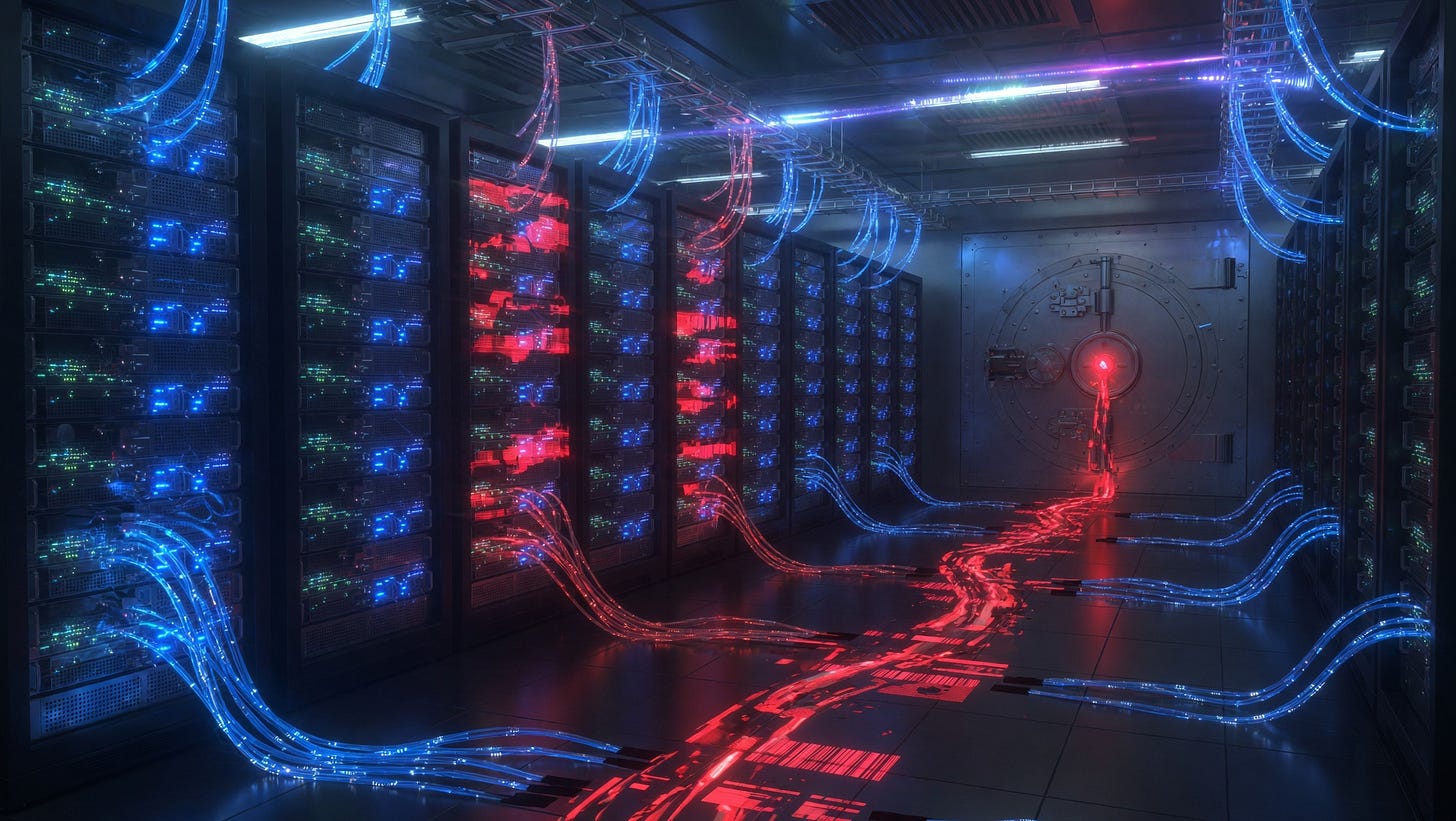 A dark server room with rows of glowing blue node towers, two highlighted in red indicating compromise, corrupted data signals flowing along cables toward a central vault door, representing a cross-chain bridge infrastructure attack targeting RPC nodes and verifier systems. A dark server room with rows of glowing blue node towers, two highlighted in red indicating compromise, corrupted data signals flowing along cables toward a central vault door, representing a cross-chain bridge infrastructure attack targeting RPC nodes and verifier systems.
