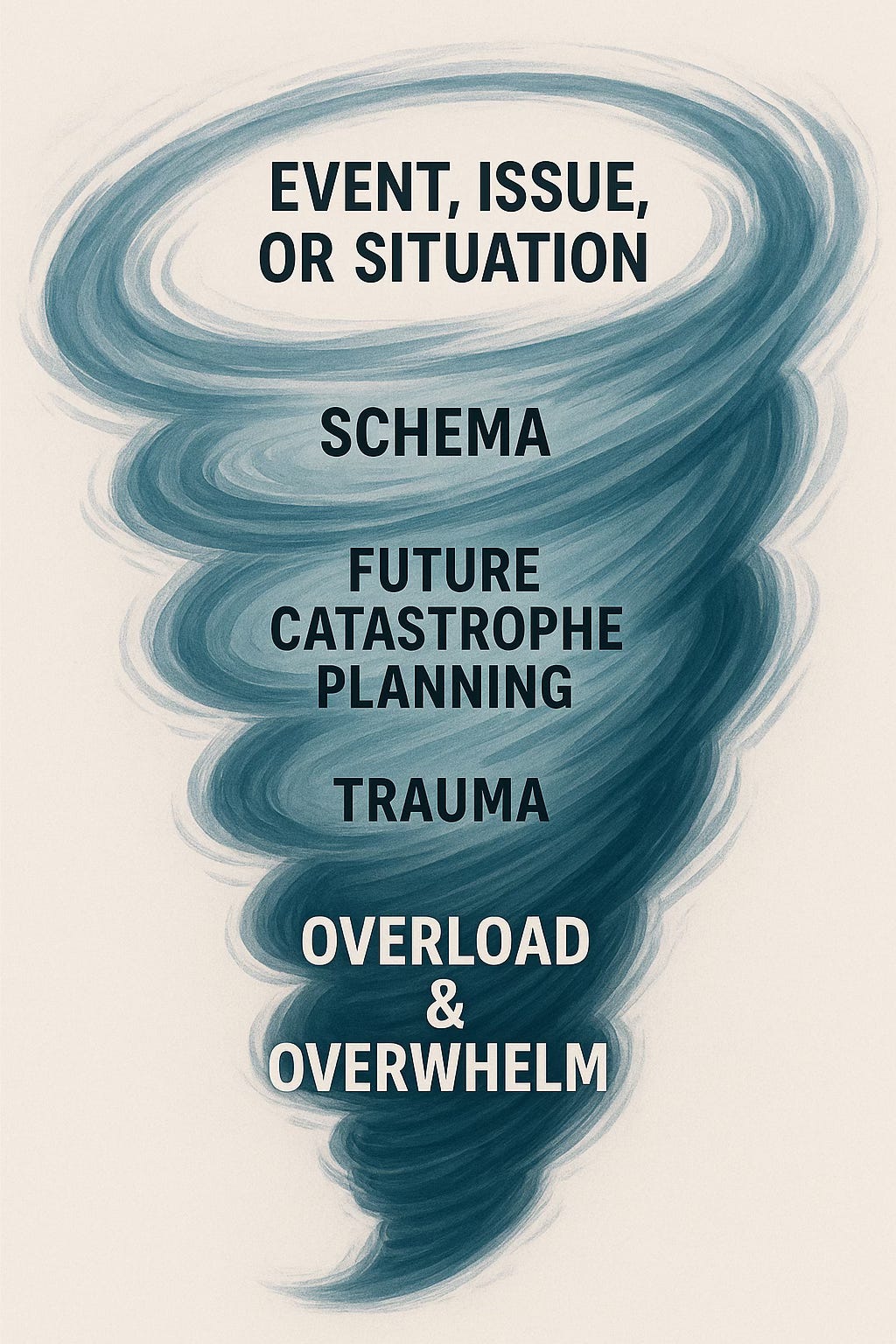 a graphic of a swirling tornado with bands consisting of the 4 mental processing domains: events, schemas, future catastrophe planning, and trauma 
