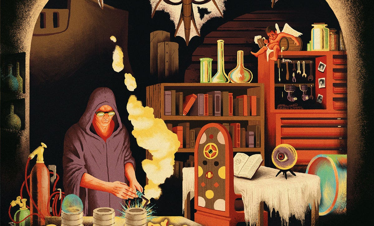 illustration of hooded man with a steaming potion in a dark room