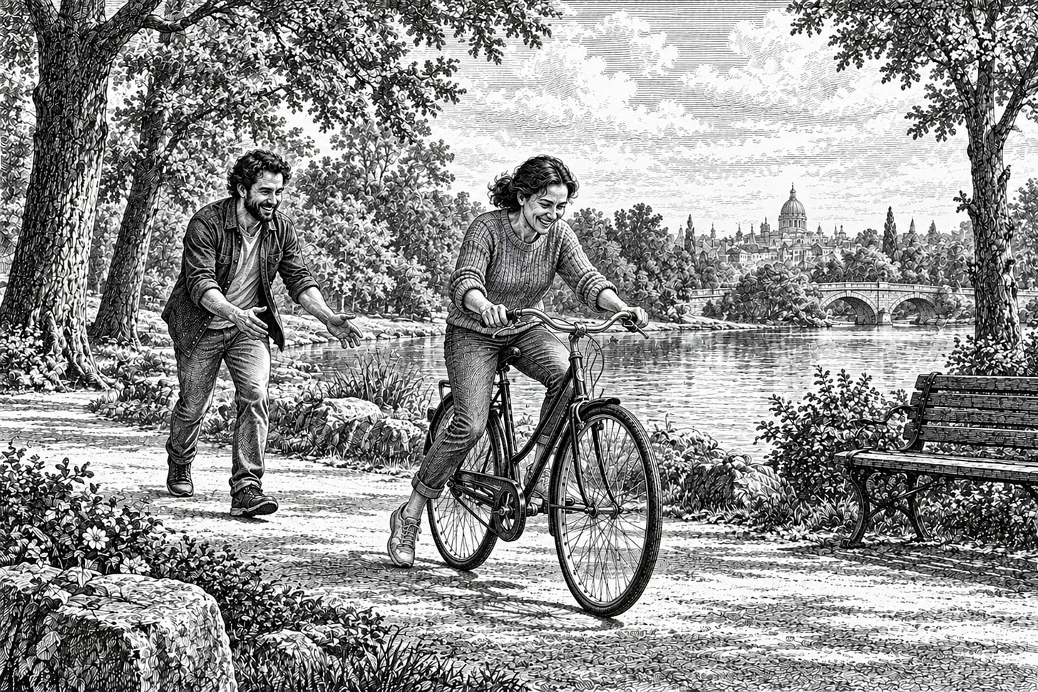 An adult taking a first bicycle ride with a friend nearby