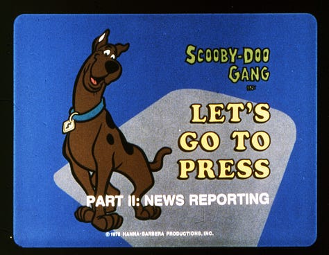Opening slides of several educational filmstrips. Yogi Bear in "Play it Safe," The Flintstones in "A Weighty Problem," "Bamm-Bamm Tackles a Term Paper," The Jetsons "Down to Earth Nutrition," The Flintstones "Driving Guide," Jabberjaw in "The Silent Hunters," "Around the World Kids Visit Saitama, Japan," Scooby Doo in "Let's Go to Press Part II: News Reporting"