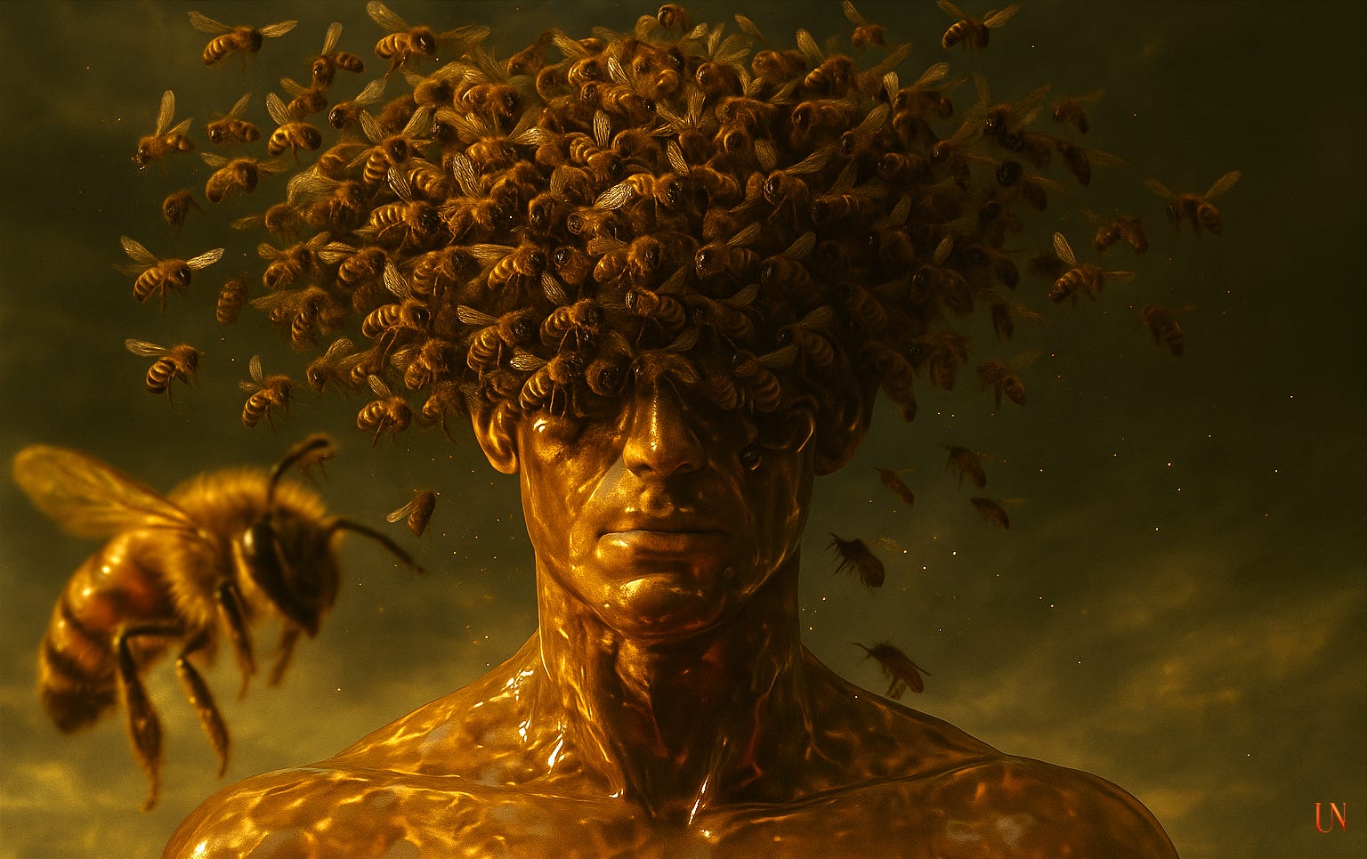 A golden, human-like figure stands still as hundreds of bees cover his head and shoulders under amber light. One bee hovers close to the lens, slightly blurred, as if it has chosen the viewer. UNSPUN Digital Composite by Taylor Allyn, 2025.