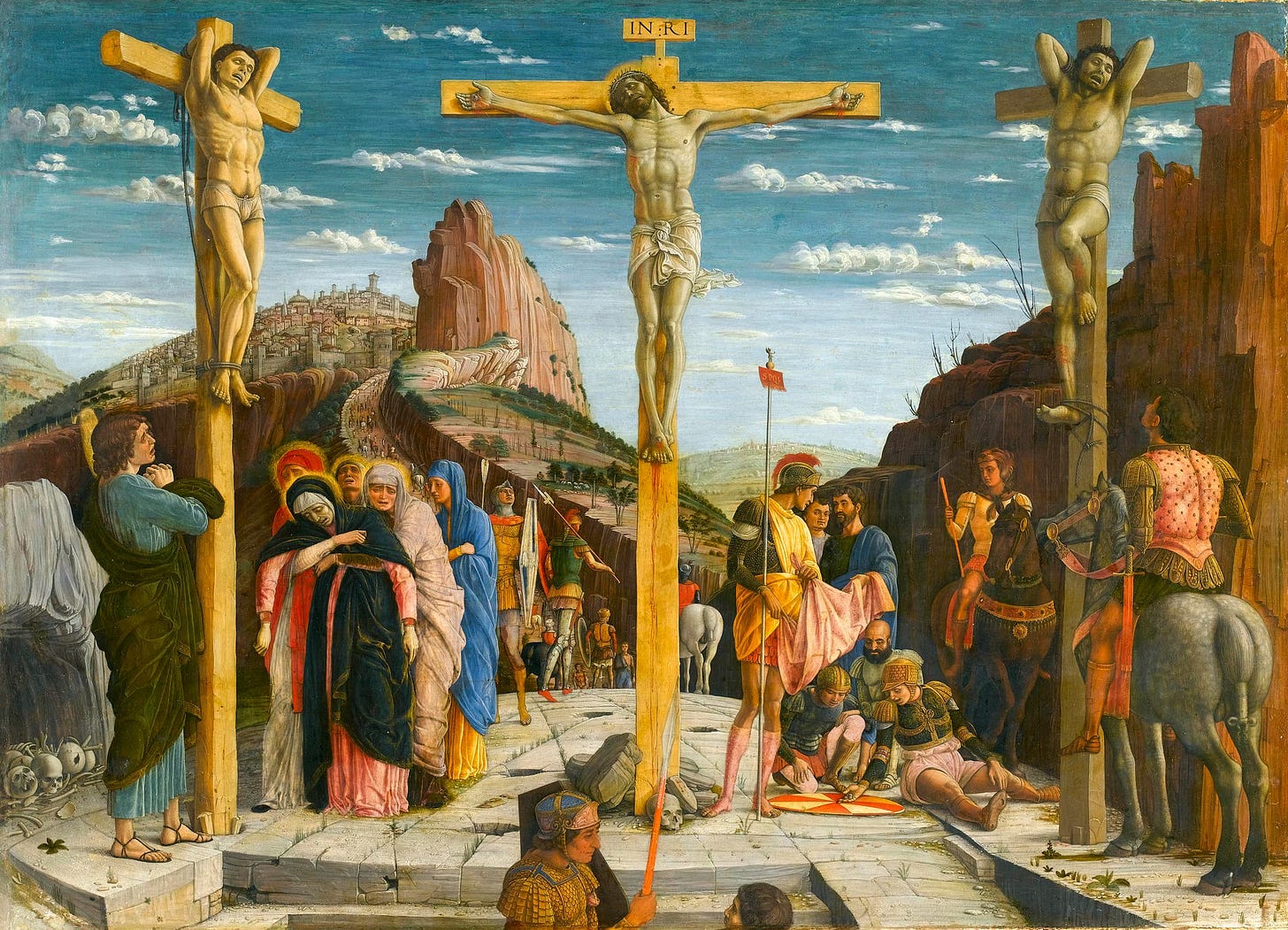 Painting of crucifixion of Jesus ladies weeping beneath cross
