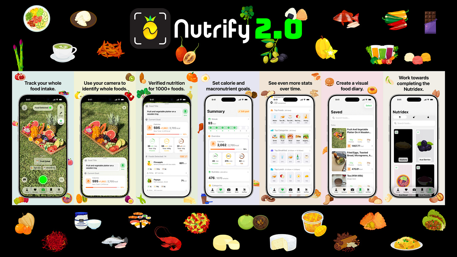 Nutrify 2.0 promotional banner on a black background featuring the Nutrify logo with a pineapple icon. Shows seven iPhone screens displaying app features: food tracking, camera identification, nutrition information for 1000+ foods, calorie and macronutrient goals, stats over time, visual food diary, and Nutridex collection. Surrounded by colorful food icons including coffee, croissant, lobster, saffron, brie cheese, and more.