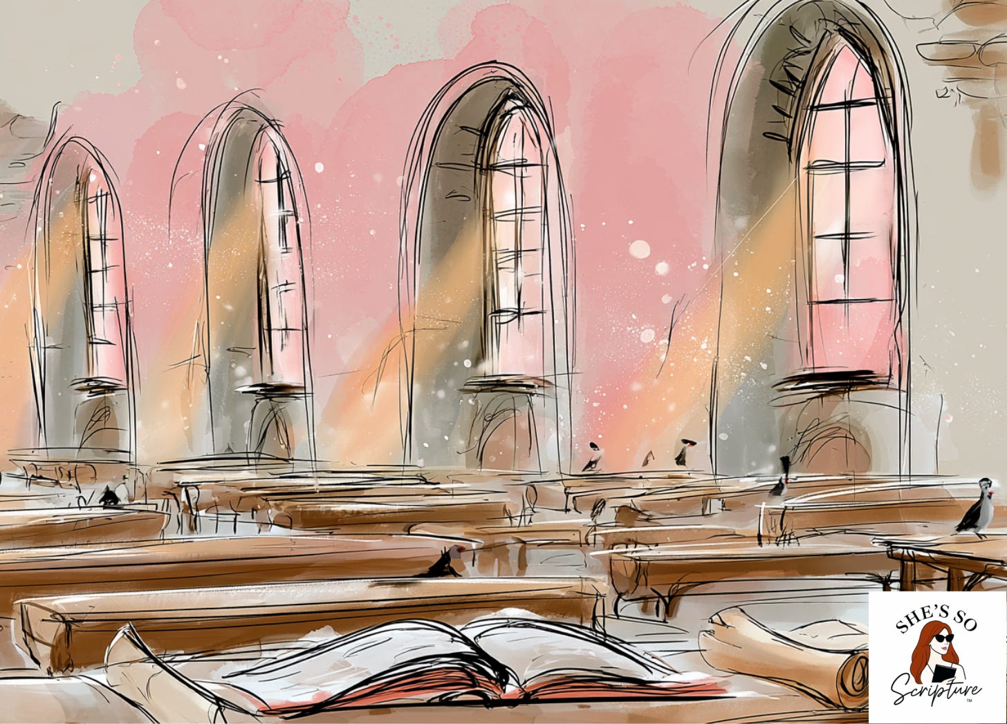 Illustrated ancient study hall with wooden benches, open scrolls, and warm light streaming through stone arch windows in blush pink and cream watercolor tones
