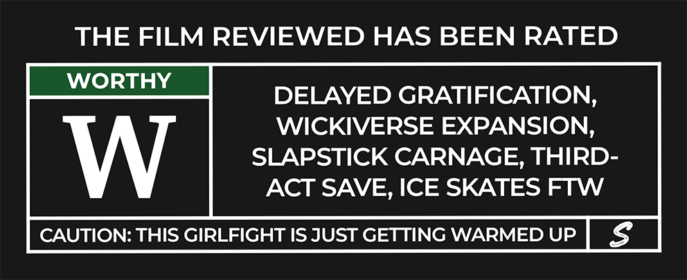 A black-and-white ratings graphic labeled “WORTHY,” featuring descriptors like “Wickiverse Expansion” and “Third-Act Save, Ice Skates FTW.”