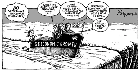 Political cartoon of the S.S. Economic Growth sailing over a waterfall