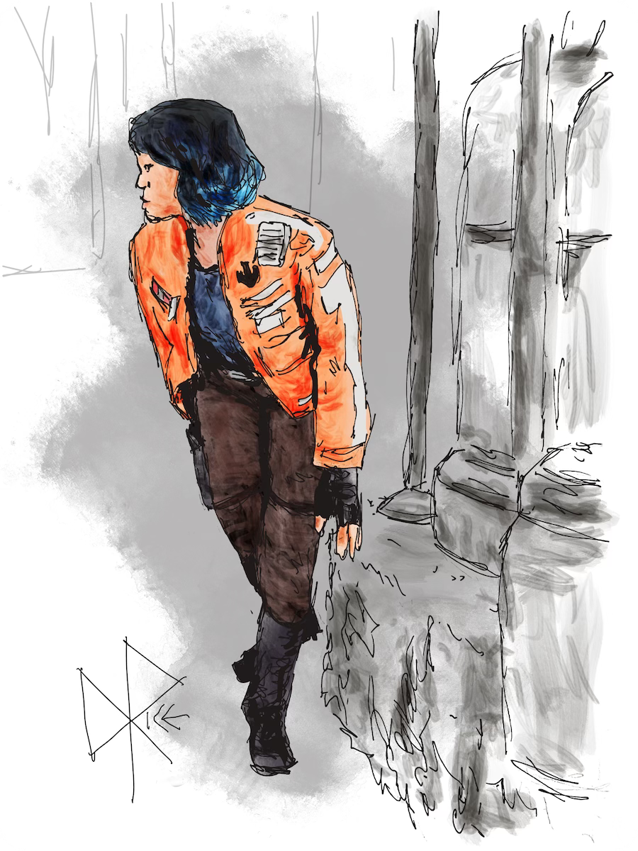 Vi Moradi, an intelligence operative serving the Resistance, crouches to evade stormtroopers as she prowls around Black Spire Outpost while seeking out information. Sketch art by Don Rice.