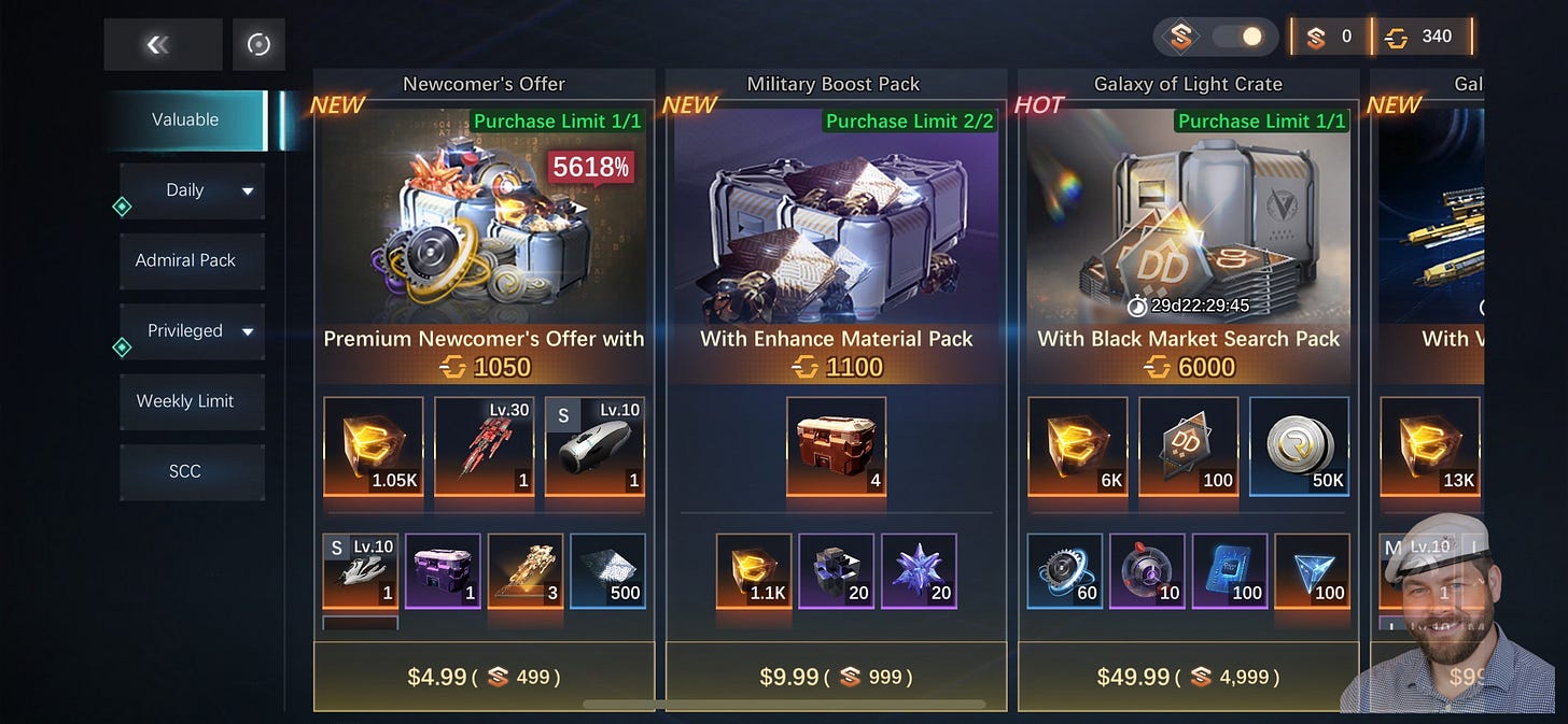A mobile game in-game store screen showing the “Valuable” category with tabs on the left (Daily, Admiral Pack, Privileged, Weekly Limit, SCC). Three featured offers are displayed: “Newcomer’s Offer” (Premium Newcomer’s Offer with price 1050, marked NEW), “Military Boost Pack” (With Enhance Material Pack, price 1100, marked NEW), and “Galaxy of Light Crate” (With Black Market Search Pack, price 6000, marked HOT), each with item icons and dollar prices ($4.99, $9.99, $49.99). Currency counters appear at the top right. A mobile game in-game store screen showing the “Valuable” category with tabs on the left (Daily, Admiral Pack, Privileged, Weekly Limit, SCC). Three featured offers are displayed: “Newcomer’s Offer” (Premium Newcomer’s Offer with price 1050, marked NEW), “Military Boost Pack” (With Enhance Material Pack, price 1100, marked NEW), and “Galaxy of Light Crate” (With Black Market Search Pack, price 6000, marked HOT), each with item icons and dollar prices ($4.99, $9.99, $49.99). Currency counters appear at the top right.