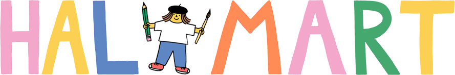 The Halmart logo. Each letter is a different color, and there is a dancing long-haired illustration of Hallie dancing back and forth.