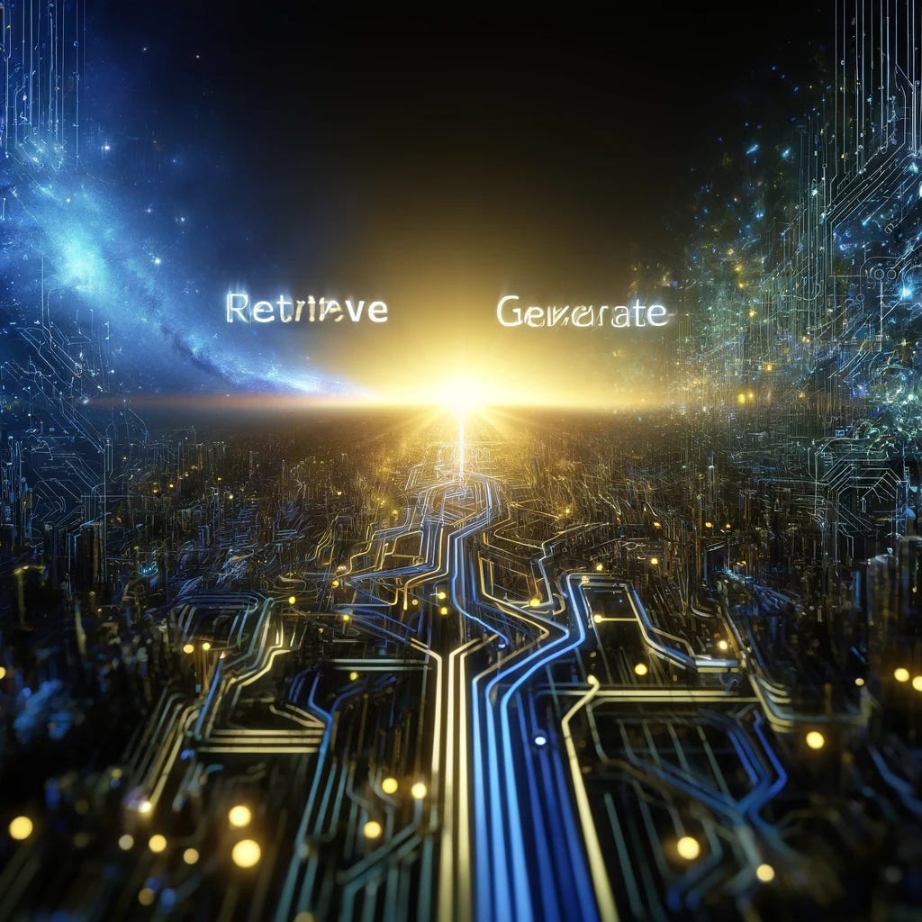A conceptual digital artwork depicting the Retrieve-Answer-Generate (RAG) methodology in artificial intelligence. The artwork should illustrate a digital landscape with a circuit board pattern that transitions from chaotic, densely packed circuits (representing 'Retrieve') to a more organized and streamlined pathway (representing 'Answer'), and finally converging into a single, bright point of light (representing 'Generate'). The image should evoke a sense of data being processed and refined, with a color gradient from dark blue to bright yellow, symbolizing the transformation of raw data into clear insights.