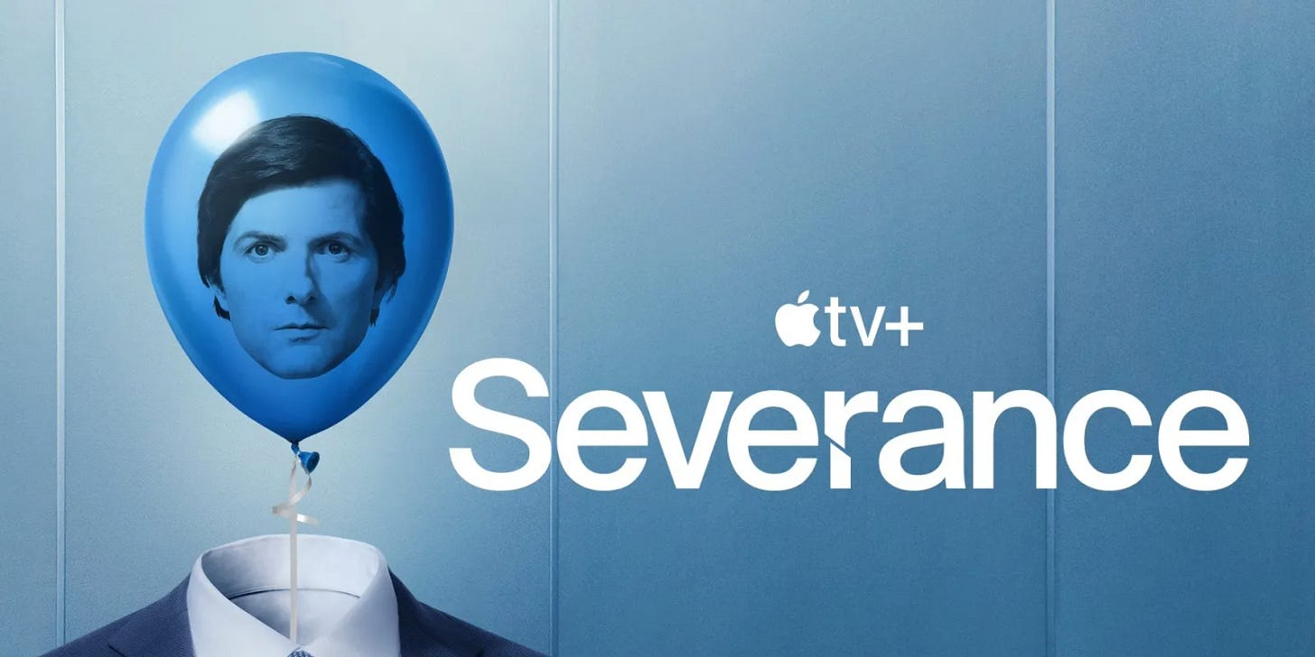 Promotional image for Severance season 2 shows the face of Mark S. (Adam Scott) on a blue balloon floating over a man's suit of clothes. Have you seen the show? It's very good.