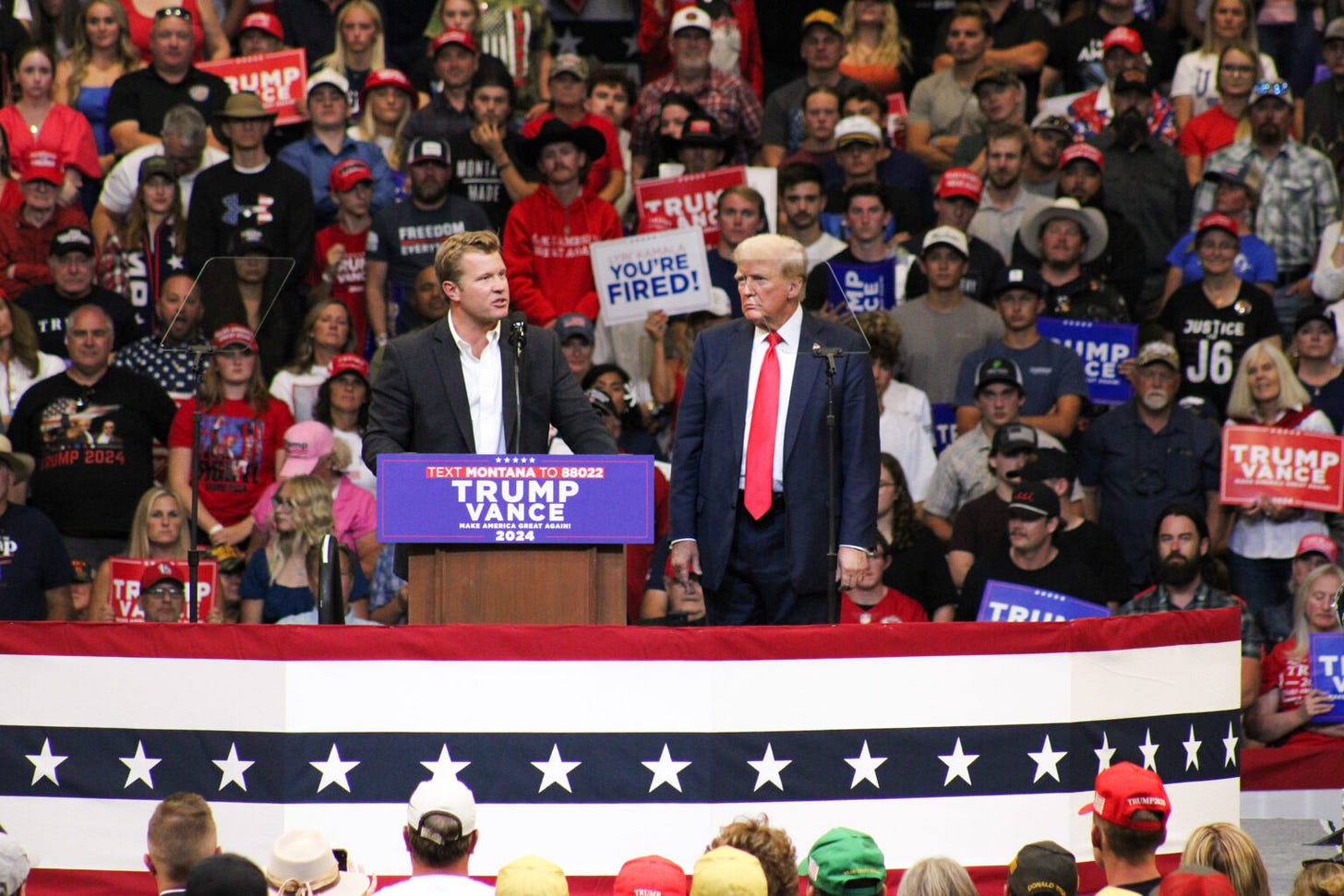 Montana Republican U.S. Senate candidate Tim Sheehy and former President Donald Trump at a rally in Bozeman on Aug. 9, 2024. (Photo by Blair Miller, Daily Montanan) Montana Republican U.S. Senate candidate Tim Sheehy and former President Donald Trump at a rally in Bozeman on Aug. 9, 2024. (Photo by Blair Miller, Daily Montanan)
