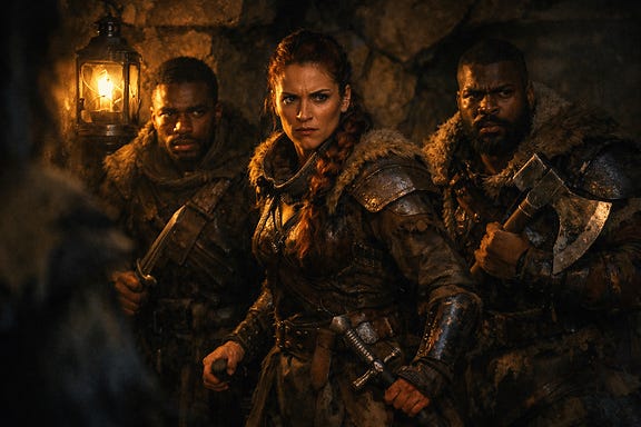 Diona, Coryllus, and Maraun reacting to the party entering the Amber Temple, tense Mountain Folk warriors in flickering lantern light Diona, Coryllus, and Maraun reacting to the party entering the Amber Temple, tense Mountain Folk warriors in flickering lantern light