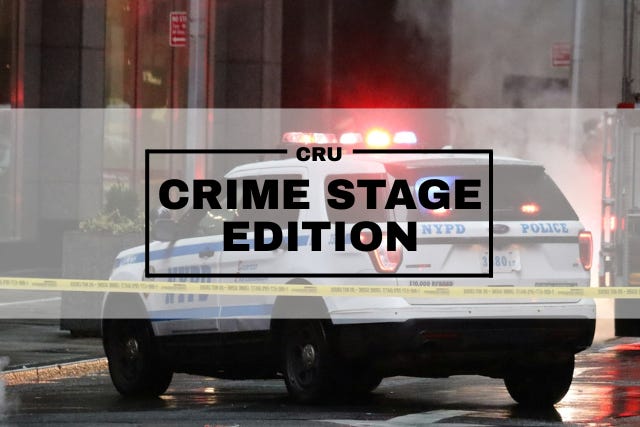 'Crime Research Update: Crime Stage Edition' appears in the foreground. (CRU stands for Crime Research Update.) In the background, yellow tape is strung across the image, in front of a police cruiser that sits with its roof lights on. 'Crime Research Update: Crime Stage Edition' appears in the foreground. (CRU stands for Crime Research Update.) In the background, yellow tape is strung across the image, in front of a police cruiser that sits with its roof lights on.