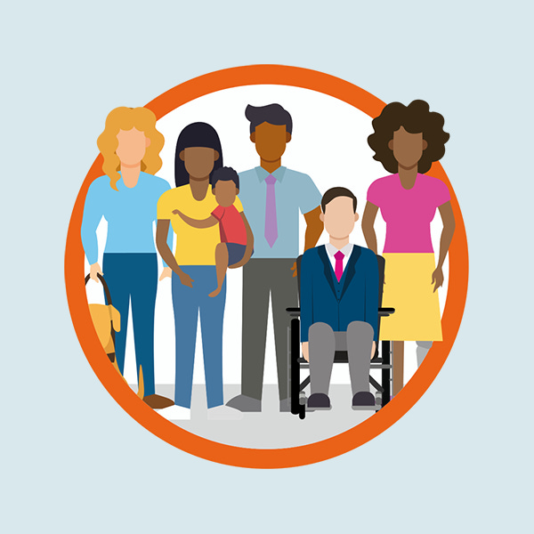 A multiply disabled and ethnically diverse group of people are circled in orange 