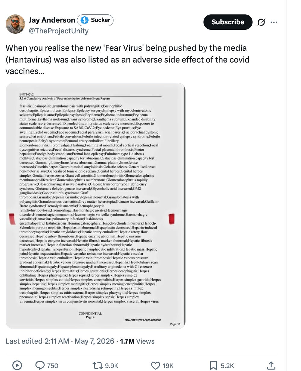 When you realise the new 'Fear Virus' being pushed by the media (Hantavirus) was also listed as an adverse side effect of the covid vaccines...