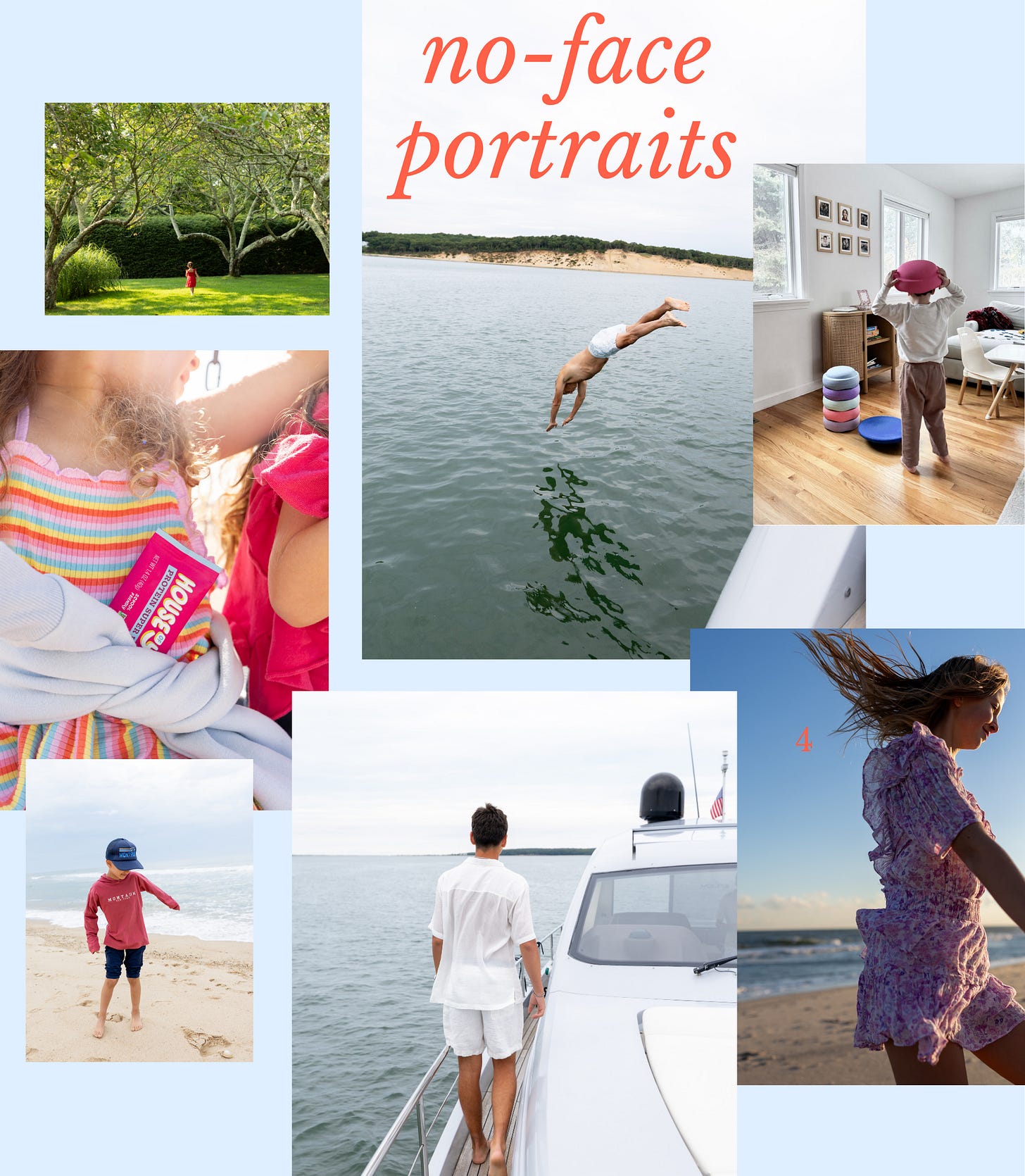 A collage of six photographs of children with no faces visible: shot from behind, in profile, obscured by objects, and in motion A collage of six photographs of children with no faces visible: shot from behind, in profile, obscured by objects, and in motion