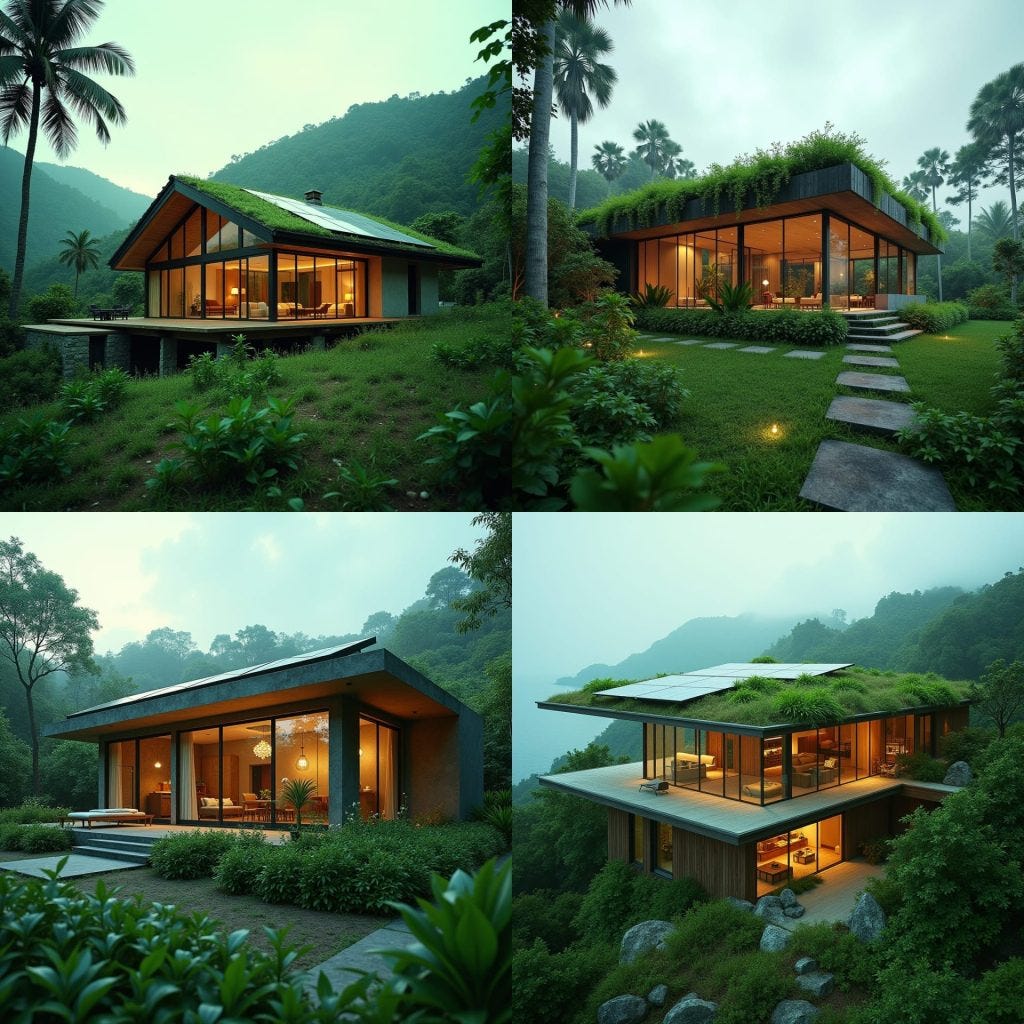 Contemporary green home in Jamaica featuring a stunning green roof, solar panels, extensive use of glass for natural light, and an innovative rainwater harvesting system. A perfect blend of sustainable design and modern aesthetics.