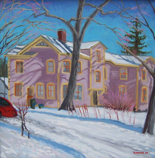 woodlawn house in snow painting by kunstler