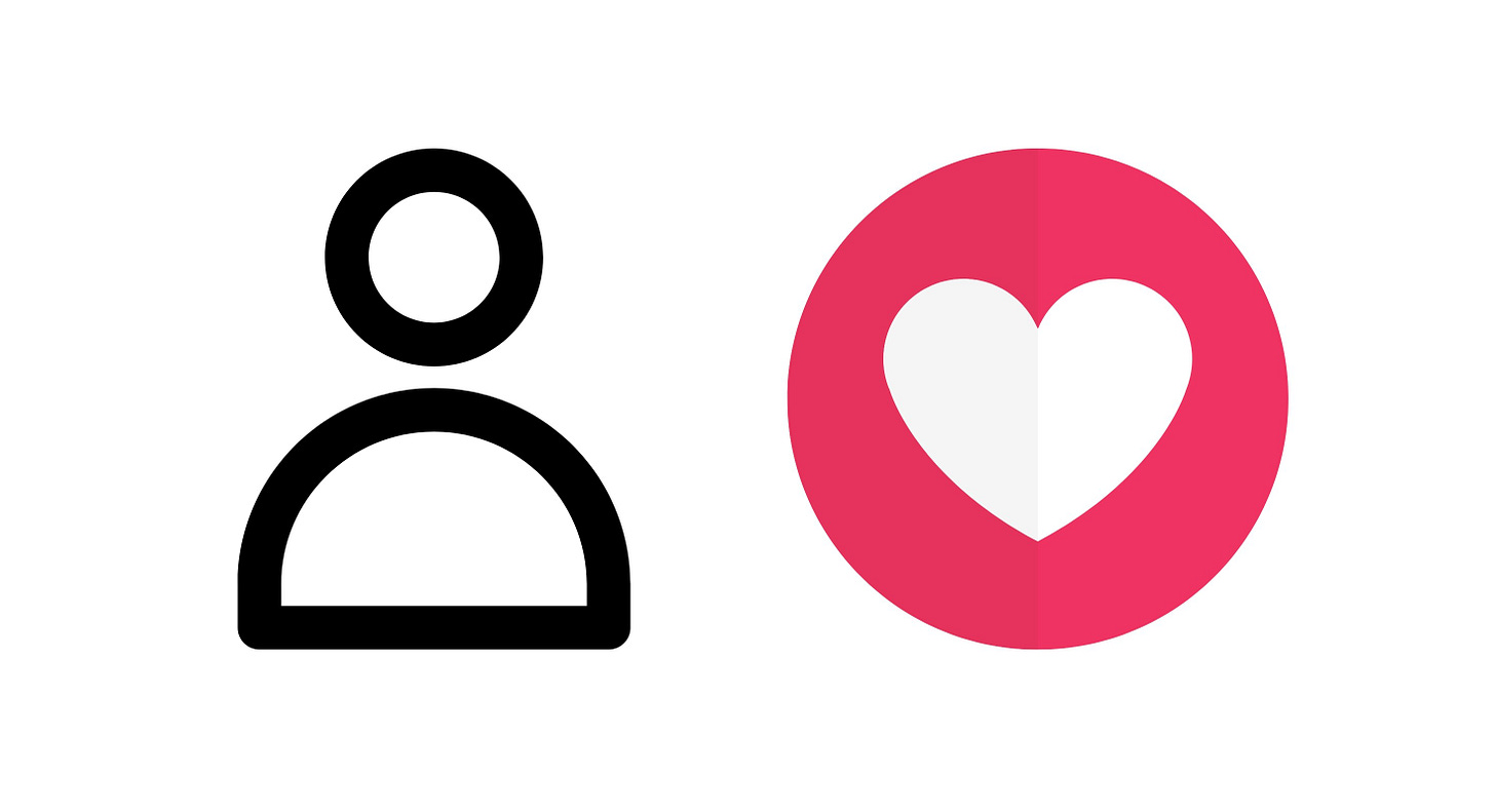 Graphic of single person on left and a heart in a circle on the right.