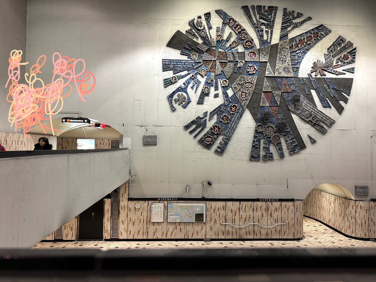image of metro station in Montreal with squiggles over the head of passenger